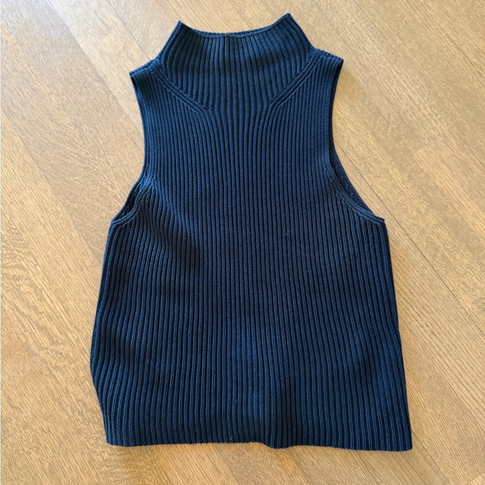 Nili Lotan Ribbed Mock Neck Sleeveless Tank - Navy